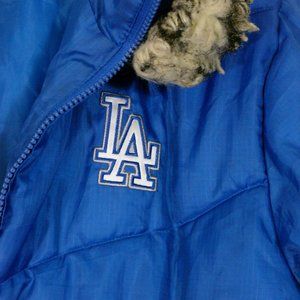 Women's Blue L.A. Dodgers Baseball Blue Puffer Fur Hood Jacket Size Large